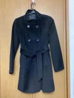 ブラック ダブルブレスト スタンドカラーコート　ミドル丈