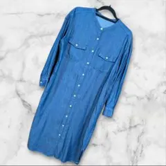 ViS バンドカラー デニム風 シャツワンピース フリーサイズ 濃紺PL742