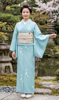 水色 花柄 正絹小紋 着物