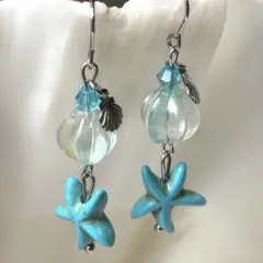 青い星型ビーズのダングルピアス162