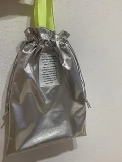 ハンドメイド　巾着袋　巾着バッグ　シルバー　蛍光イエロー