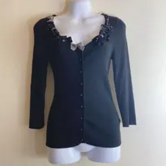 （M）七分袖 リブニットカーディガン リボン装飾付き レーヨン混 春夏 黒