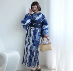 新品◇ニコアンティーク 高級変わり織 浴衣＆帯2点 紺色の絞り柄 本日