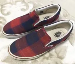 VANS チェック柄 スリッポン 赤 ネイビー　26.5 US8H
