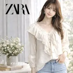 ZARA フリルレースブラウス 白 L 新品 コットン 透け感 春