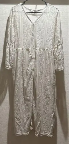 Amista レース ロングシャツワンピース ガウン 淡薄橙 L