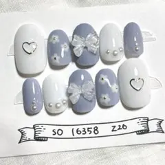 ふねいる #Z26 ガーリーネイル フラワー 手書き リボン ハート くすみ青