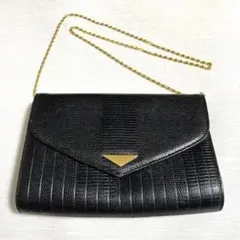 レトロ　本革　パーティバッグ　チェーン肩紐　ブラック