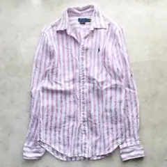 【美品】ポロラルフローレン 長袖リネンシャツ ストライプ S ピンク　ホワイト