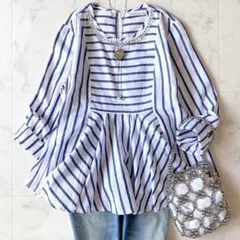 美品☆ヌキテパ ビジュー ペプラムブラウス ストライプ 紺×白 七分丈のサムネイル