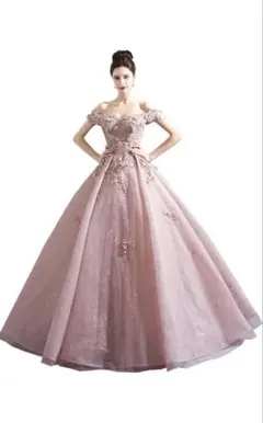 オフショルダー ピンク Aライン ウェディングドレス