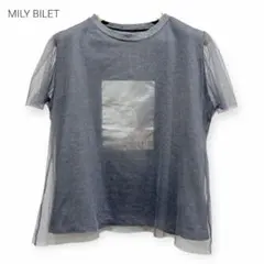 MILY BILET チュール 重ね着風 シルバー箔プリントTシャツ Mサイズのサムネイル