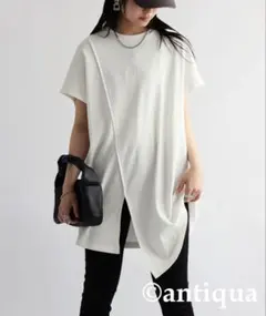 新品antiqua 半袖 Tシャツ スリットロングリブトップス　ホワイトのサムネイル