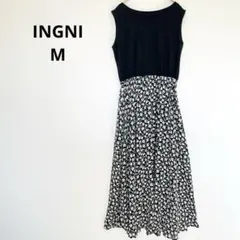 イング　INGNIノースリーブロングワンピース フラワープリント　黒白　M