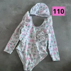 ★SALE★ 水着 長袖 小花柄フリル オールインワン スイムウェア　2点セット