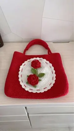 赤い花かぎ針編みトートバッグ