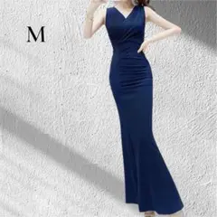 【Vネック マーメイド】 ロングドレス ネイビー スリット パーティー Mのサムネイル