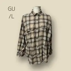 761 【GU】　ジーユー　シャツ　チェック　ネルシャツ　茶色系　ベージュ系　L
