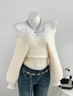 SHEIN オフショル レース ニット ホワイト