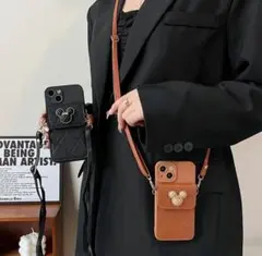 ♡iPhone16♡スマホケース 茶色ミッキー ミニー レザー