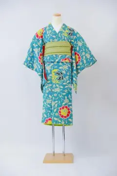 青色花柄着物 緑色帯付き　★アンティーク着物と帯のセット◆tws559
