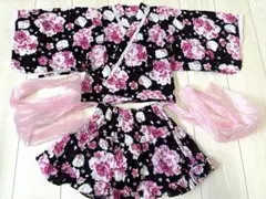 【美品】Hello Kitty 浴衣110cm 黒ピンク 甚平 ハローキティ 夏のサムネイル