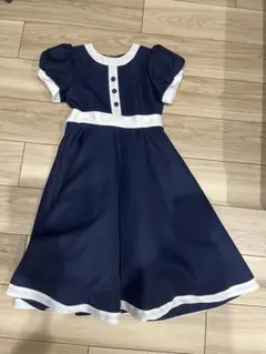 ネイビー フレアドレス ボタン リボン付き