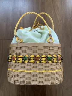 クラフトバンド　花モチーフ付き　バケツ型　かごバッグ