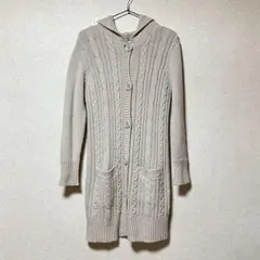ニットワンピース セーター ベージュ 厚手 フード付 ケーブル編み M