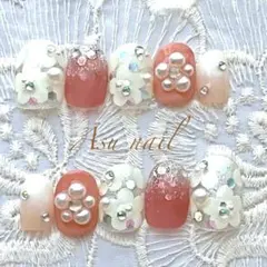 現品　No. 4 白フラワー　パールフラワー　ネイルチップ