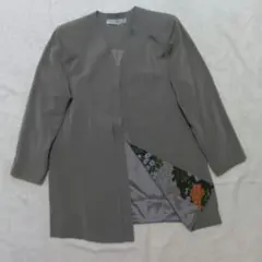 Vintage　ノーカラージャケット　グレー 　裏地　　花柄
