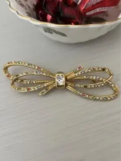 USAヴィンテージ リボンブローチ　レトロ　ラインストーン