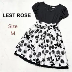 LEST ROSE 花柄　ドッキングワンピース　リボン付き　フレア　ブラック