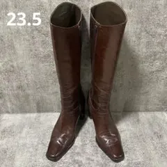 ブラウンレザー ロングブーツ ヒール5cm スクエア　茶色　23.5cm