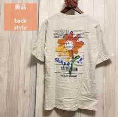 美品☘️レディース バックプリント半袖Tシャツ☘️トップスフラワーロゴ☘️丈長グレー