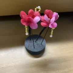 和装用髪飾り 赤とピンクの花　ヘアピン