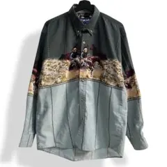 希少【VINTAGE】80s~ 総柄 絵画風 レトロビンテージプリントシャツ