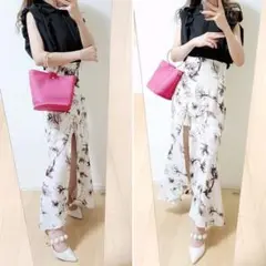 コーデセット売り✨　スリット　ロングスカート　フリル　ブラウス　ブラック　花柄のサムネイル