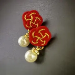 【水引ピアス】赤×ゴールド