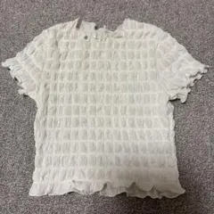 ホワイト リブ編み フリル袖 Tシャツ