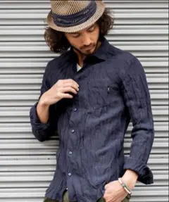 AKM × MEN'S MELROSE リネンシャツ ネイビー Herdmansのサムネイル