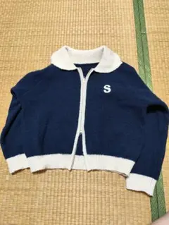 Sロゴ ダブルジップ ニットカーディガン ネイビー×ホワイト