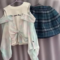 オフショルダータイダイ柄トップスとインナーパンツ付きスカートセット　150センチ