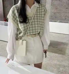 ソニョナラ　グリーンチェックニットベスト