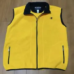 希少カラー◎ Champion フリースベスト ロゴ刺繍 ワンポイント イエロー