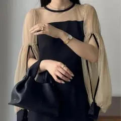 美品♡Louere チュールボリューム袖ワンピース 結婚式 オケージョン L