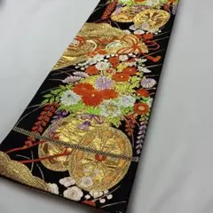 正絹の袋帯　黒地に花車のサムネイル