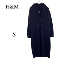 H&M エイチアンドエム　ネイビー　長袖 ニットワンピース Vネック　リブ編　S