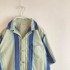90s~ ヴィンテージ レトロ 古着 半袖 シャツ ストライプ 総柄 個性的 青
