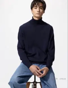 ユニクロ メリノタートルネックセーター M ネイビー